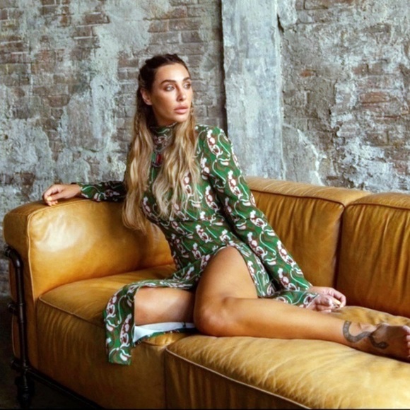 🍃 ZARA GREEN ABSTRACT PRINT FLORAL MOCK NECK SLIT MAXI DRESS! - Picture 3 of 13